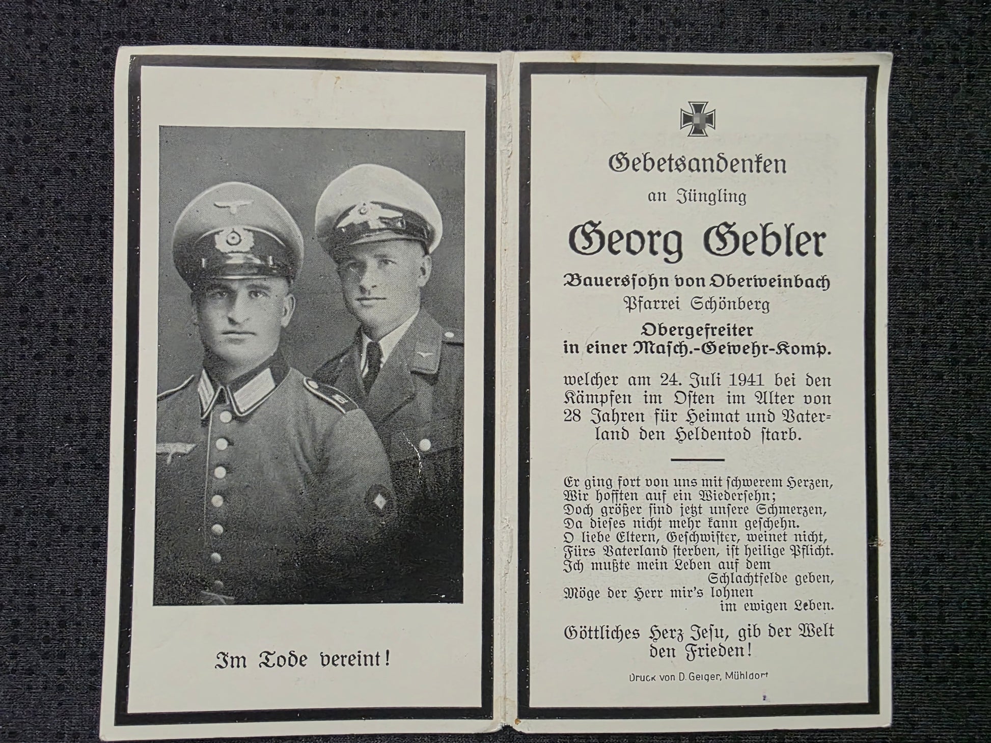 Sterbebild Obergefreiter Oberweinbach 8. (MG) Komp. Inf. Regt. 179 Kalinowka Russland - www.mmilitaria.com