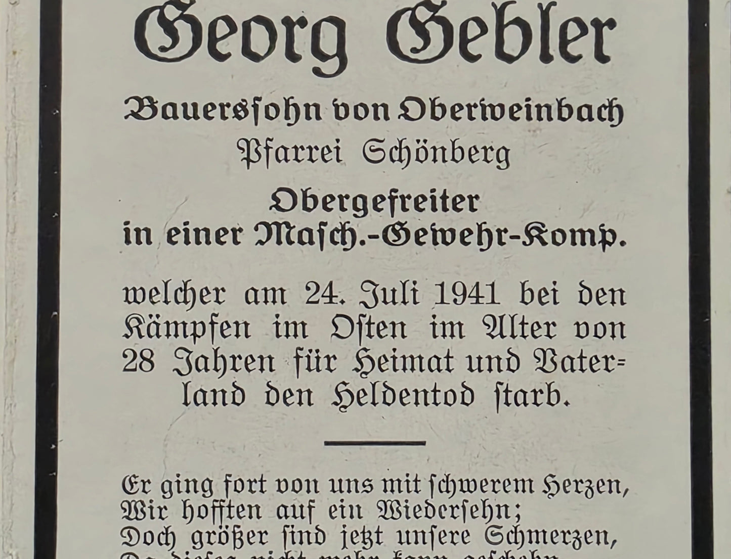 Sterbebild Obergefreiter Oberweinbach 8. (MG) Komp. Inf. Regt. 179 Kalinowka Russland - www.mmilitaria.com