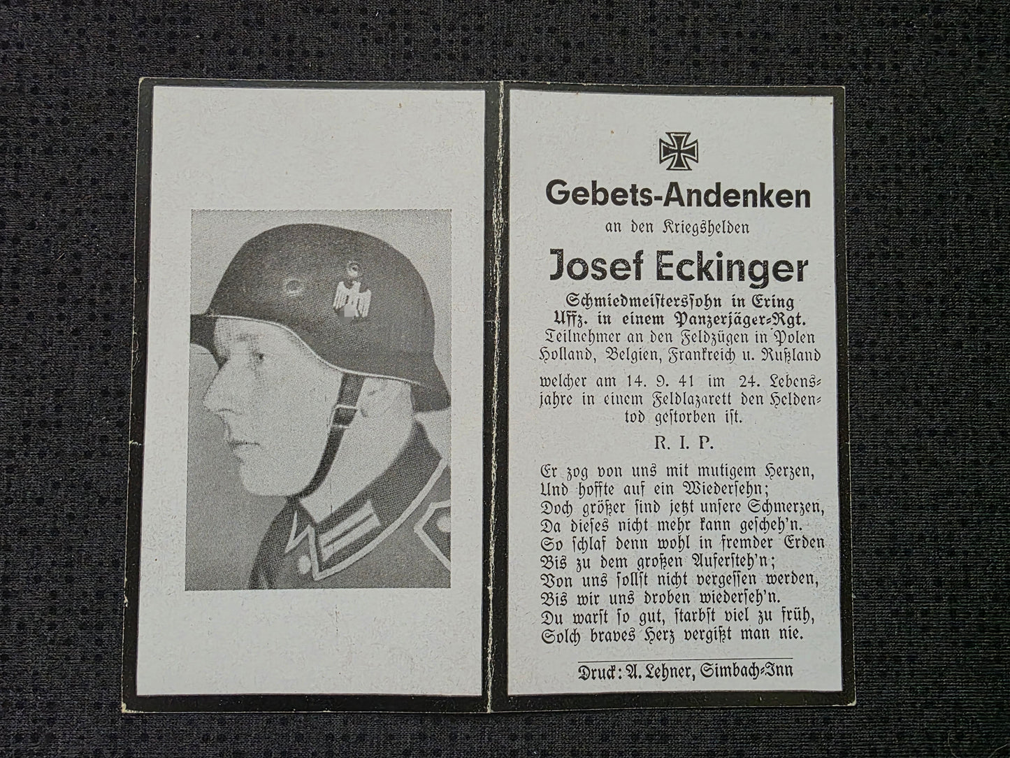 Sterbebild Unteroffizier Ering am Inn 16. Komp. Inf. Regt. 207 Kabeljatschock Ukraine - www.mmilitaria.com