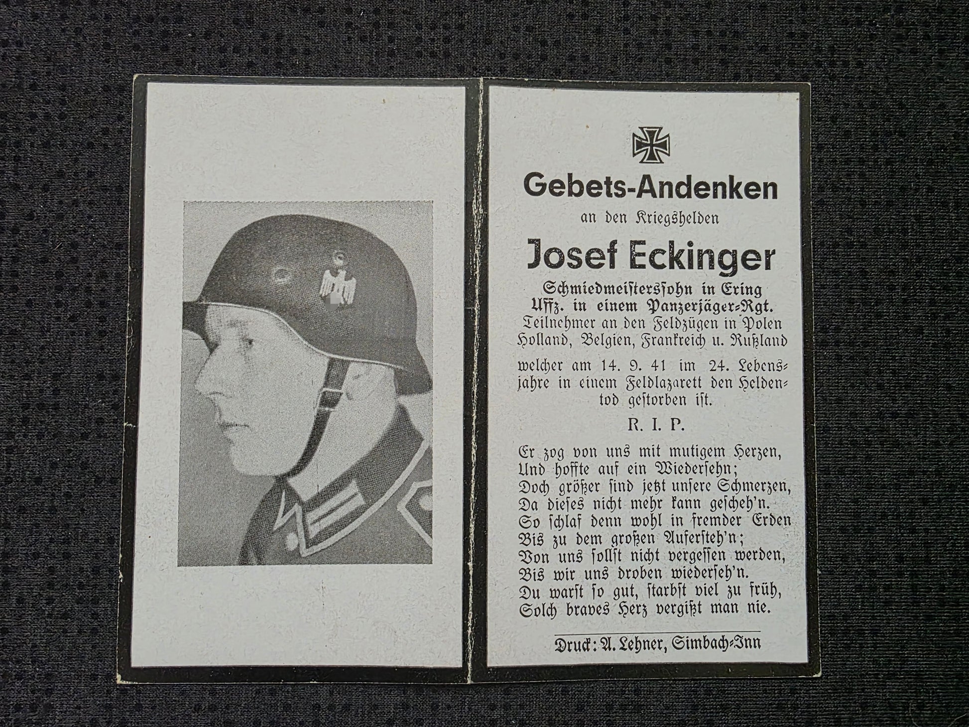 Sterbebild Unteroffizier Ering am Inn 16. Komp. Inf. Regt. 207 Kabeljatschock Ukraine - www.mmilitaria.com