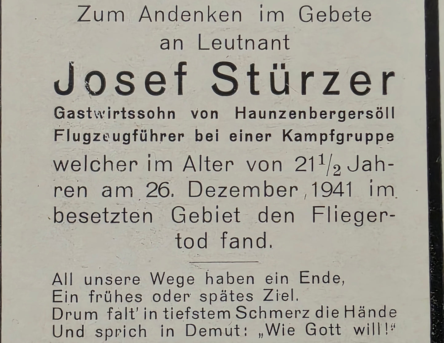 Sterbebild Leutnant Haunzenbergsöll Pilot 12./KG-1 "Hindenburg" Venray Venlo Holland