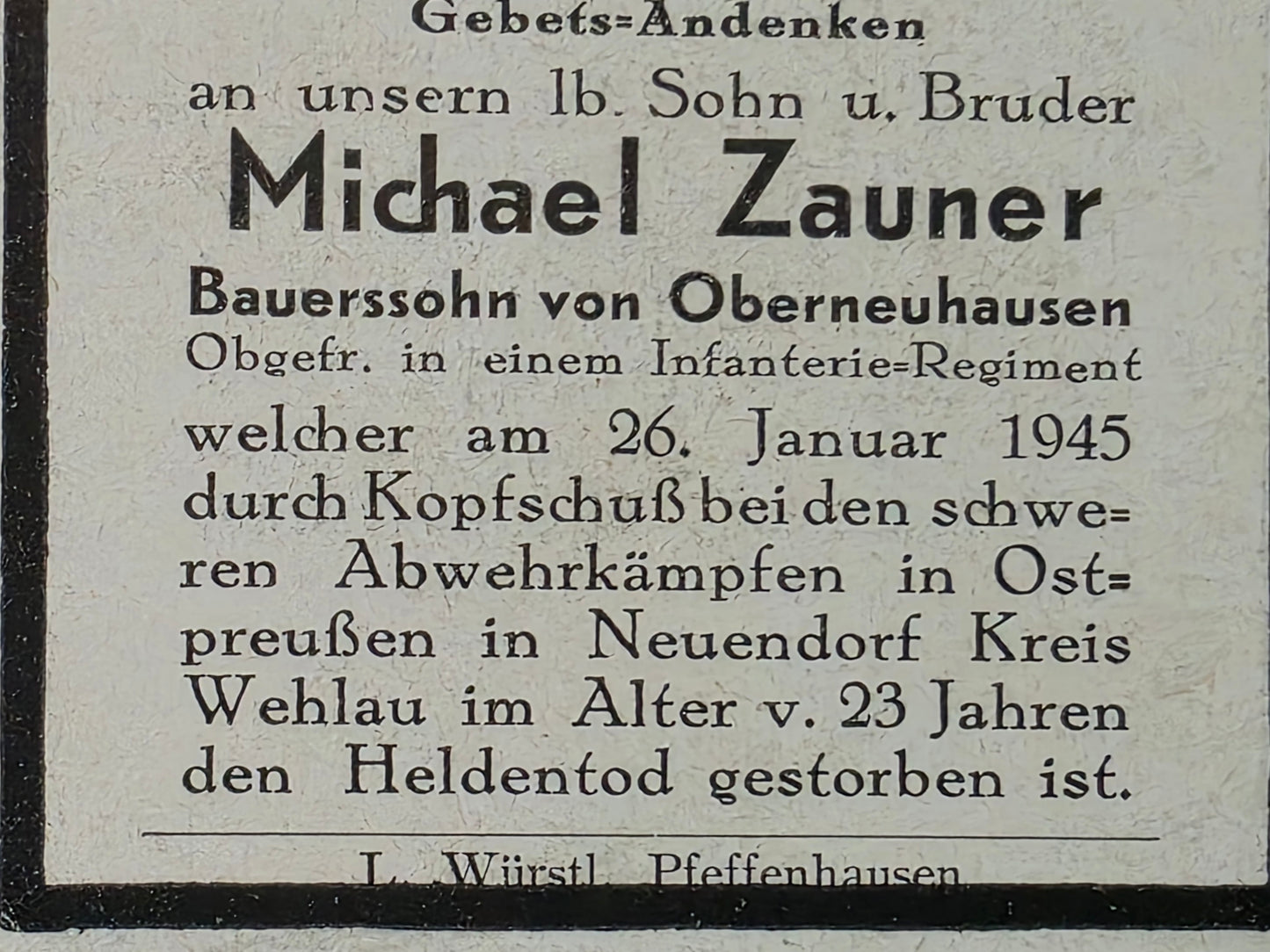 Sterbebild Obergefreiter Oberneuhausen Infanterie Regt. Endkampf Neuendorf Wehlau Ostpreußen - www.mmilitaria.com