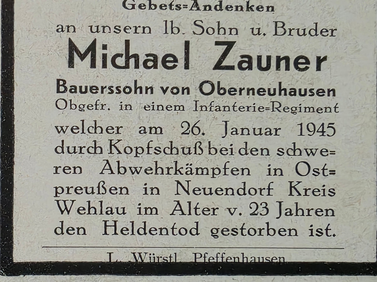 Sterbebild Obergefreiter Oberneuhausen Infanterie Regt. Endkampf Neuendorf Wehlau Ostpreußen - www.mmilitaria.com
