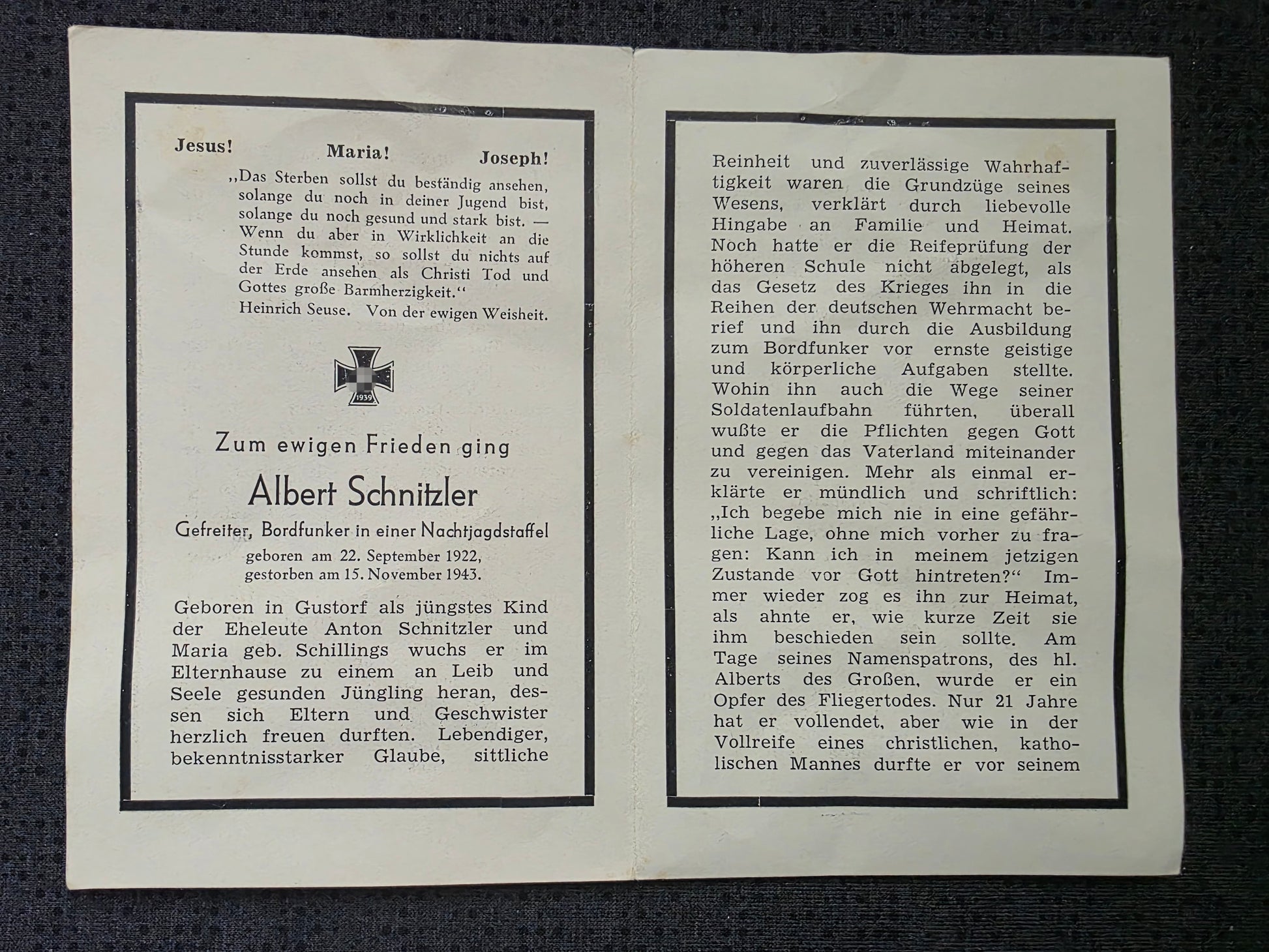 Sterbebild Gefreiter Gustorf Bordfunker 6./NJG-101 Leitershofen Deutschland - www.mmilitaria.com