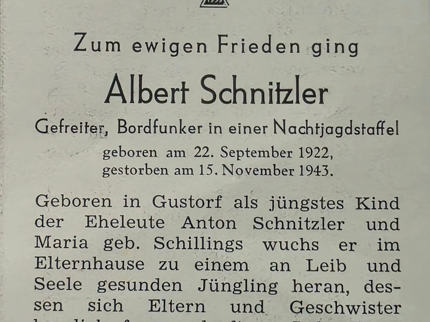 Sterbebild Gefreiter Gustorf Bordfunker 6./NJG-101 Leitershofen Deutschland - www.mmilitaria.com