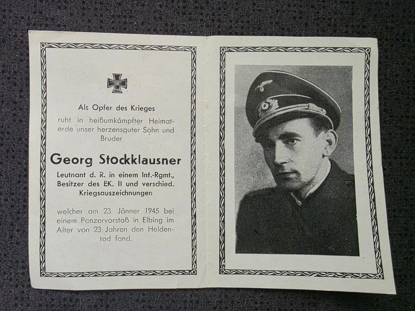 Sterbebild Leutnant Infanterie Regt. Endkampf Panzervorstoß Elbing Elbląg Polen - www.mmilitaria.com