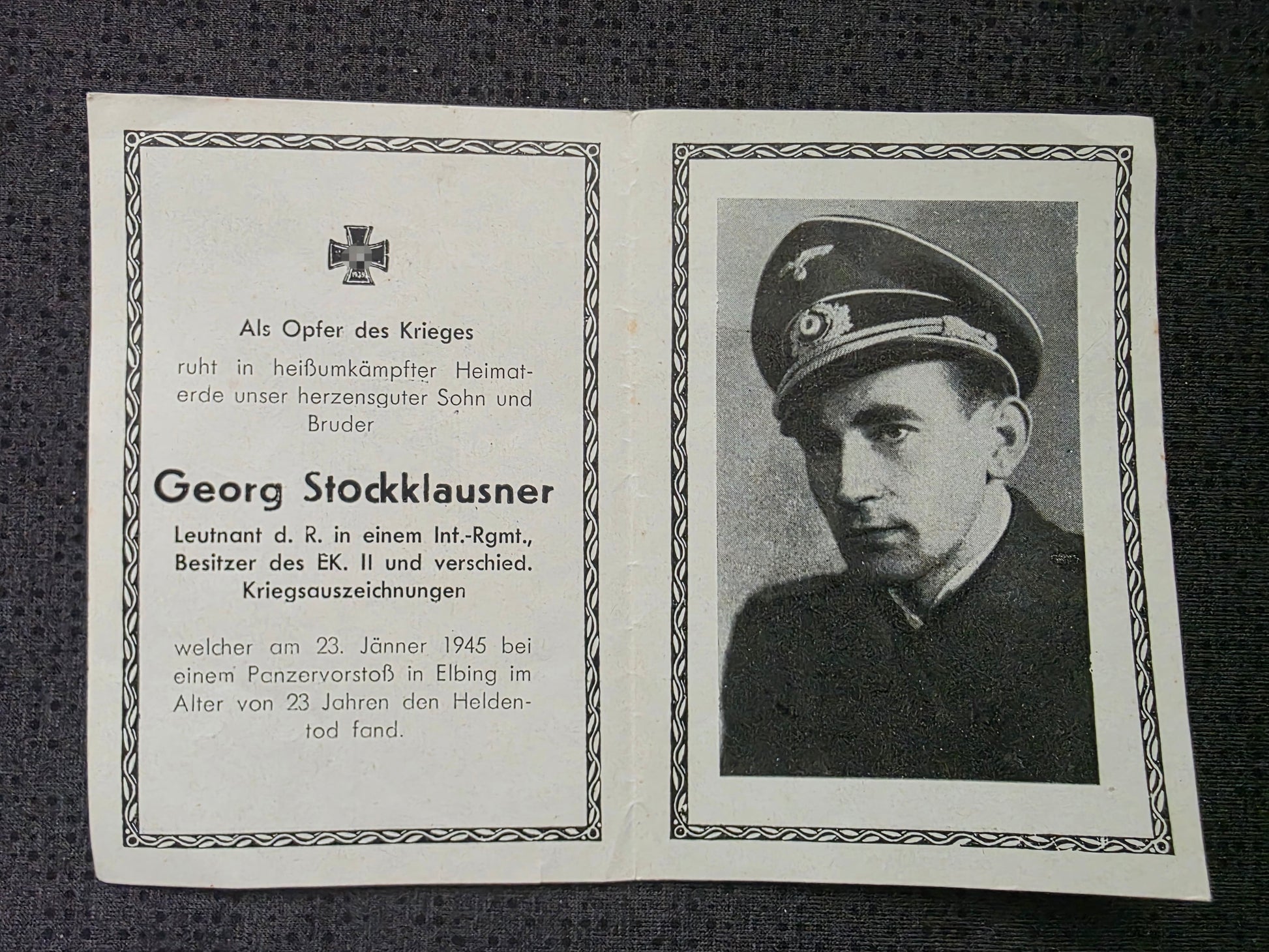 Sterbebild Leutnant Infanterie Regt. Endkampf Panzervorstoß Elbing Elbląg Polen - www.mmilitaria.com