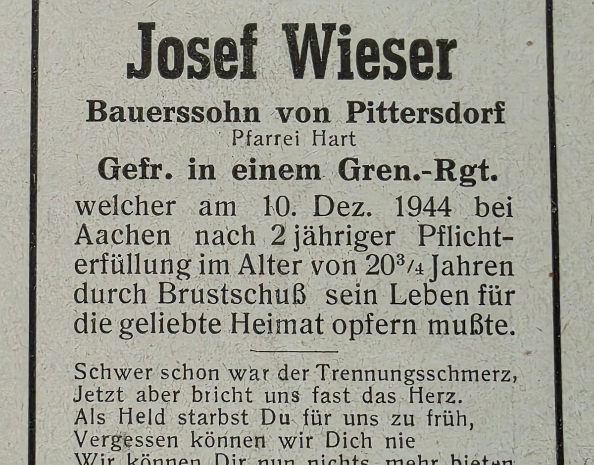 Sterbebild Gefreiter Pittersdorf Grenadier Regt. Aachen Hürtgenwald - www.mmilitaria.com
