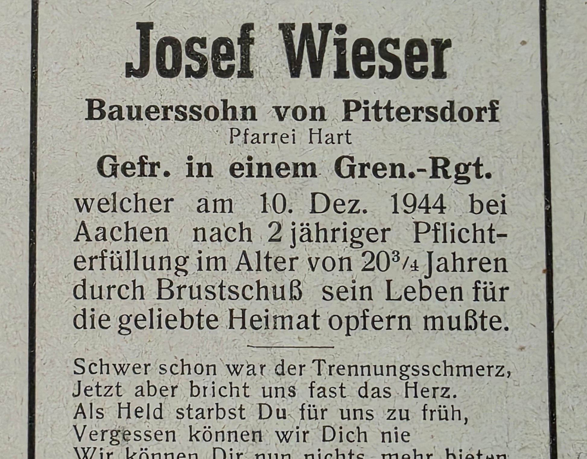 Sterbebild Gefreiter Pittersdorf Grenadier Regt. Aachen Hürtgenwald - www.mmilitaria.com