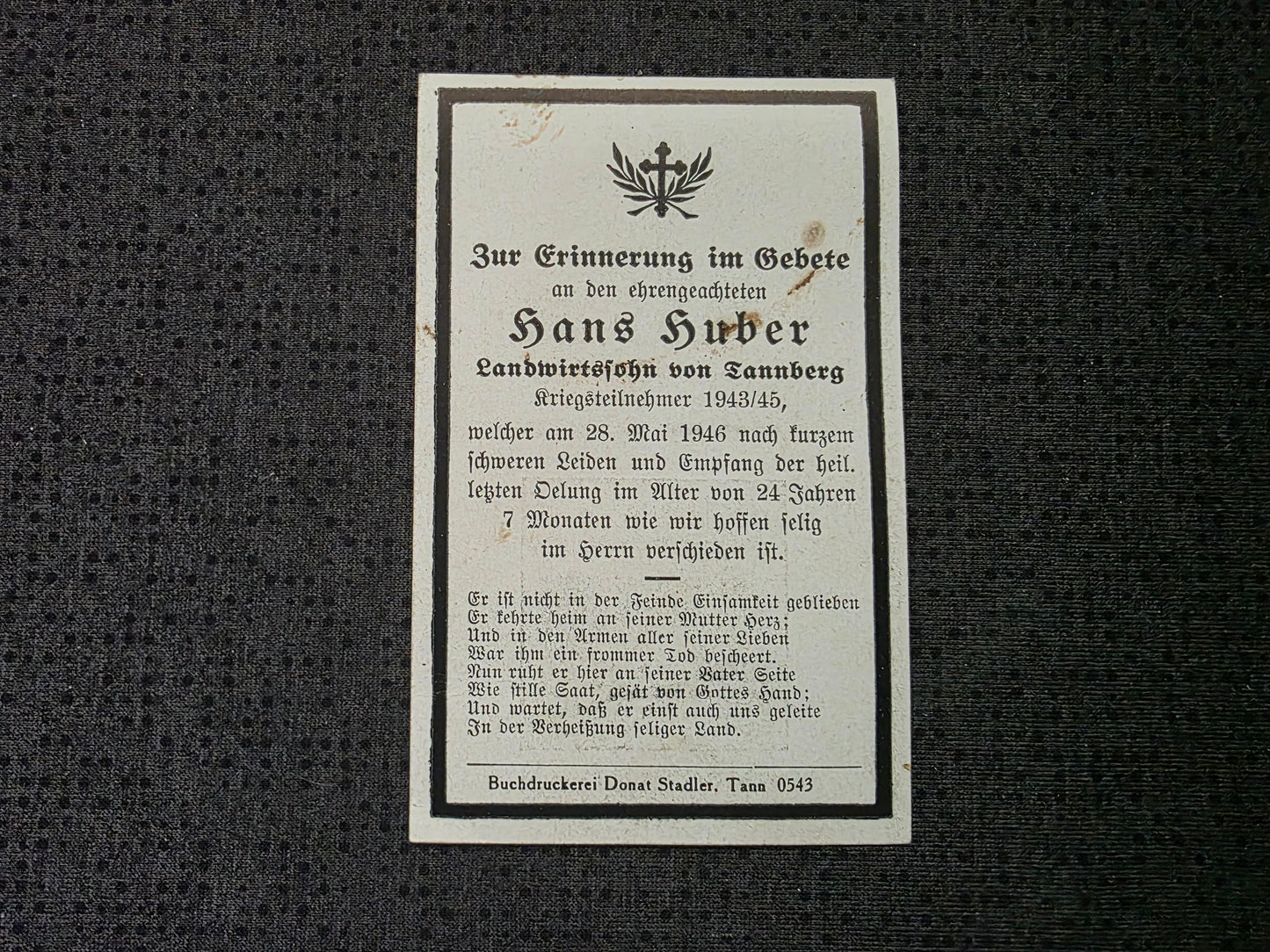 Sterbebild Gefreiter Tannberg WK II Veteran Gestorben 1946 - www.mmilitaria.com