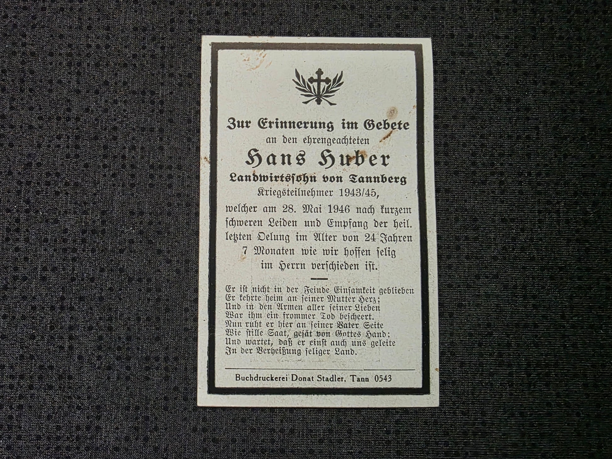 Sterbebild Gefreiter Tannberg WK II Veteran Gestorben 1946 - www.mmilitaria.com