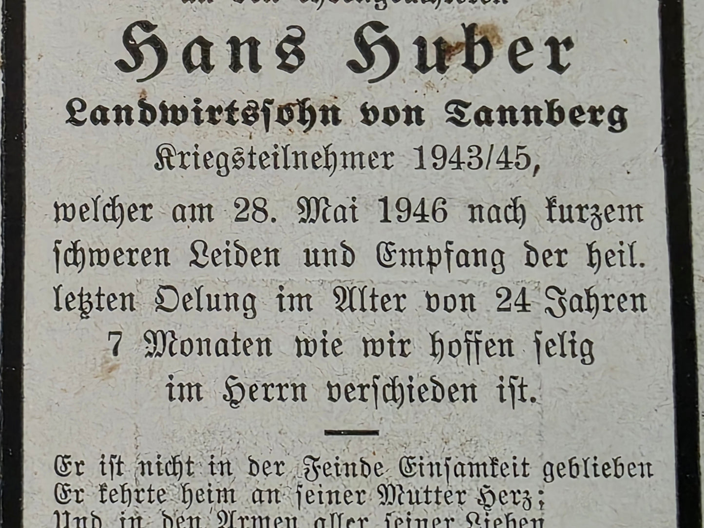 Sterbebild Gefreiter Tannberg WK II Veteran Gestorben 1946 - www.mmilitaria.com