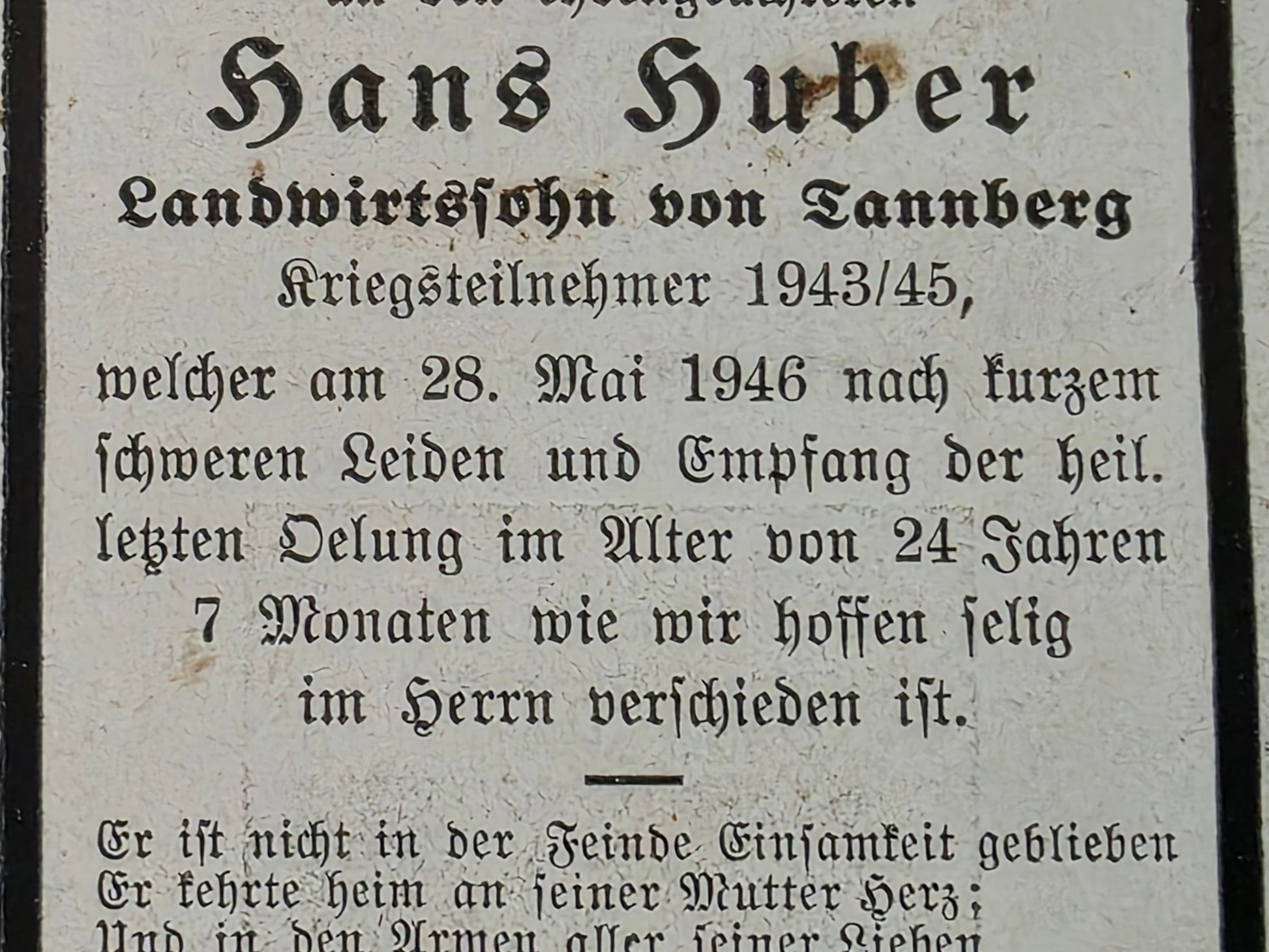 Sterbebild Gefreiter Tannberg WK II Veteran Gestorben 1946 - www.mmilitaria.com