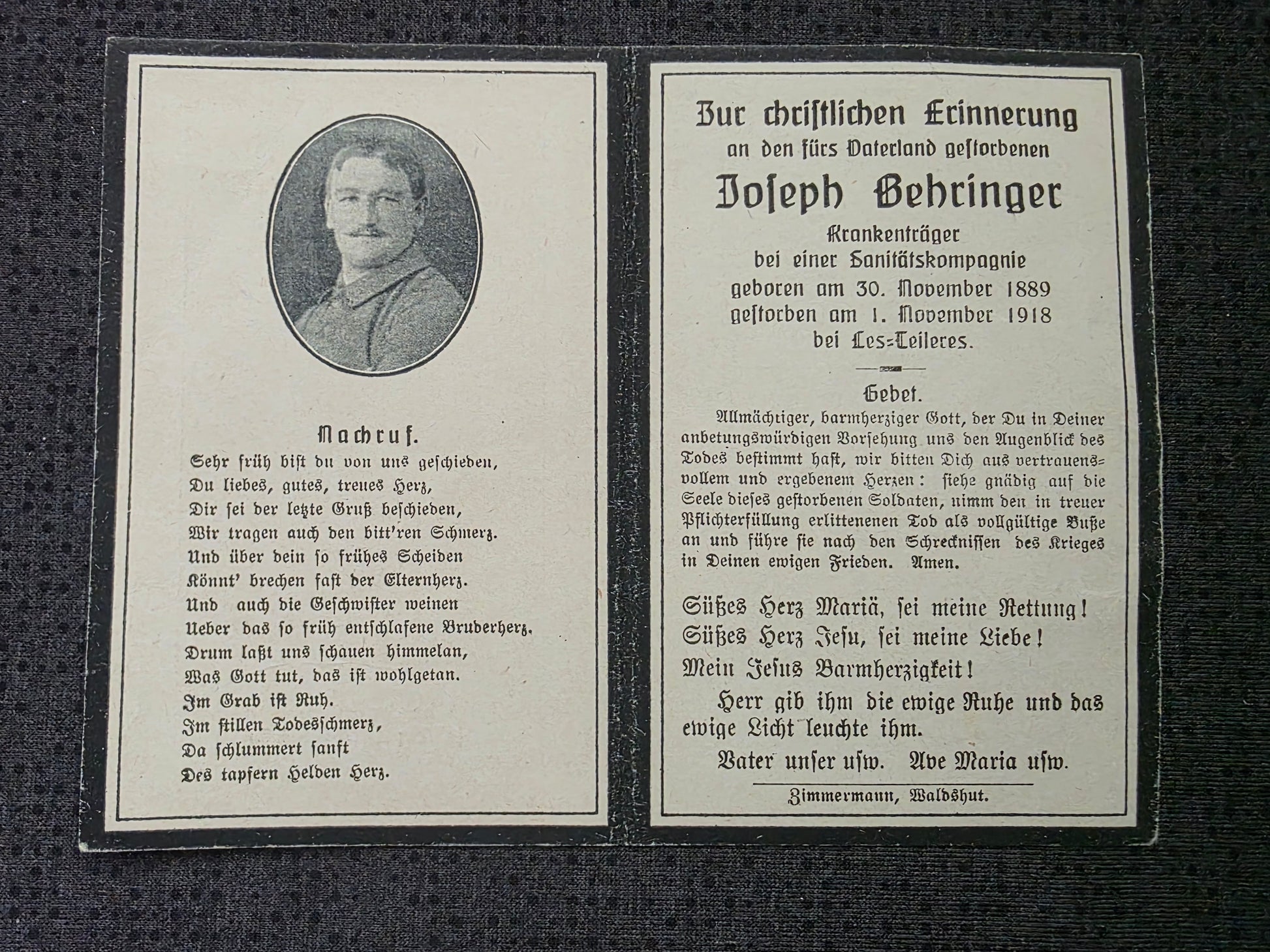 Sterbebild Krankenträger Urberg Sanitäts-Kompanie Endkampf Nov. 1918 Les Celliers Frankreich - www.mmilitaria.com
