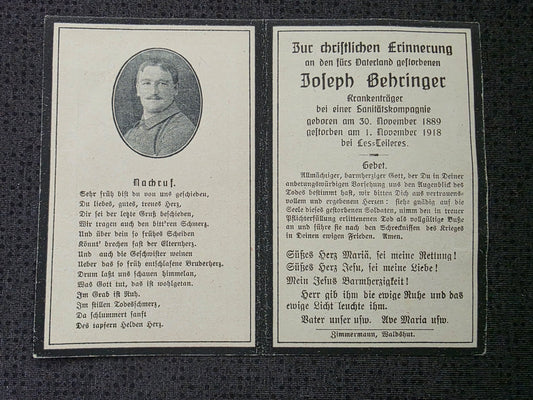 Sterbebild Krankenträger Urberg Sanitäts-Kompanie Endkampf Nov. 1918 Les Celliers Frankreich - www.mmilitaria.com