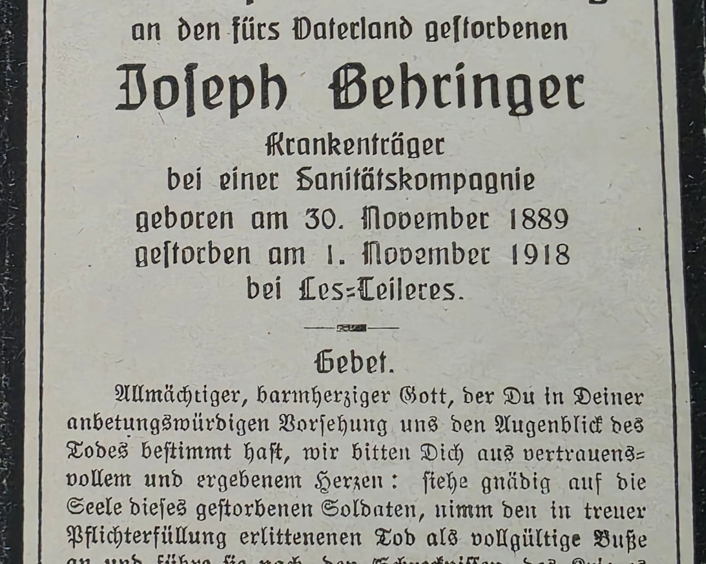 Sterbebild Krankenträger Urberg Sanitäts-Kompanie Endkampf Nov. 1918 Les Celliers Frankreich - www.mmilitaria.com