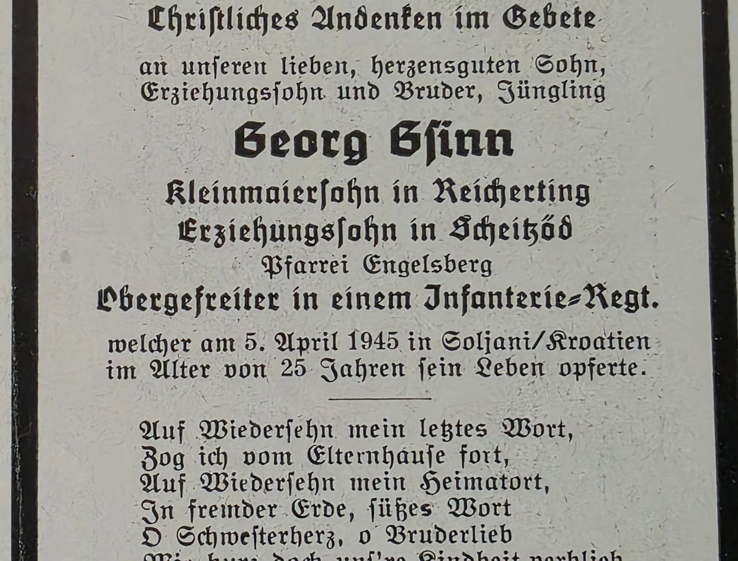 Sterbebild Obergefreiter Reicherting Infanterie Regt. Endkampf Soljani Kroatien - www.mmilitaria.com
