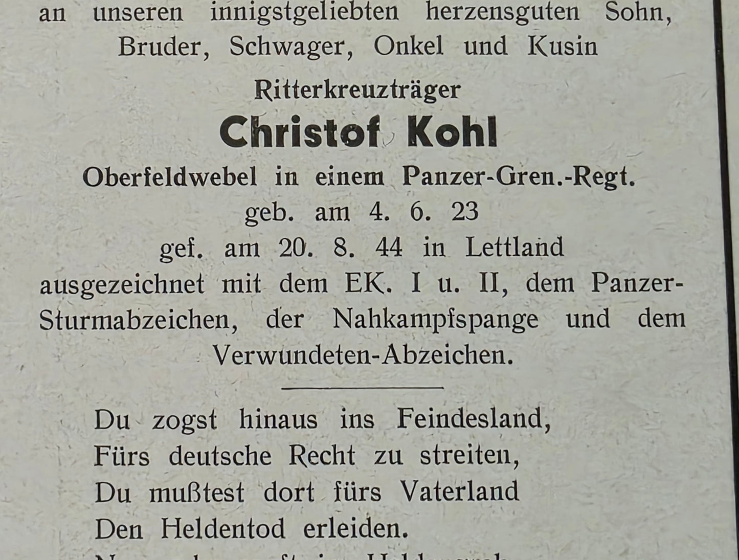 Sterbebild Oberfeldwebel Driesfurth Panzer-Grenadier Regt. RK-Träger PSA NKS Straksi Lettland - www.mmilitaria.com