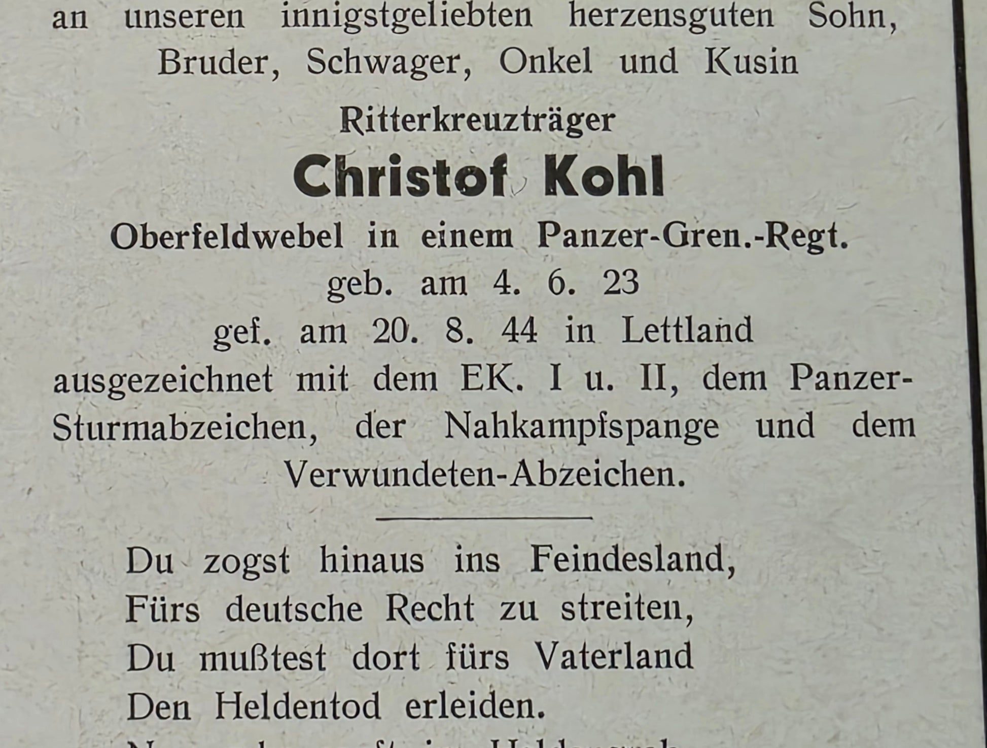 Sterbebild Oberfeldwebel Driesfurth Panzer-Grenadier Regt. RK-Träger PSA NKS Straksi Lettland - www.mmilitaria.com