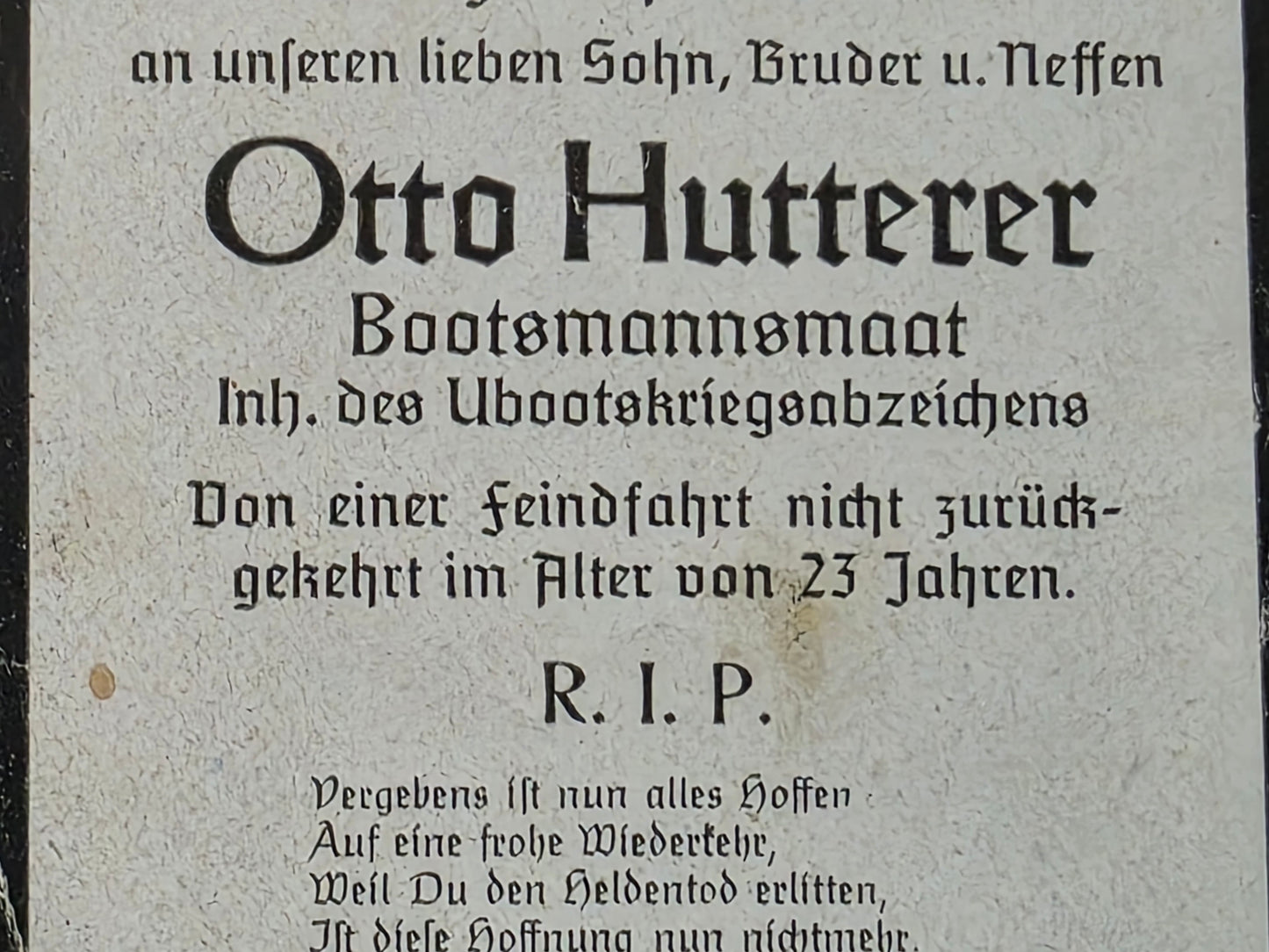Sterbebild Bootsmannsmaat München 6. U-Flottille U-Boot 357 Irland Nordatlantik - www.mmilitaria.com