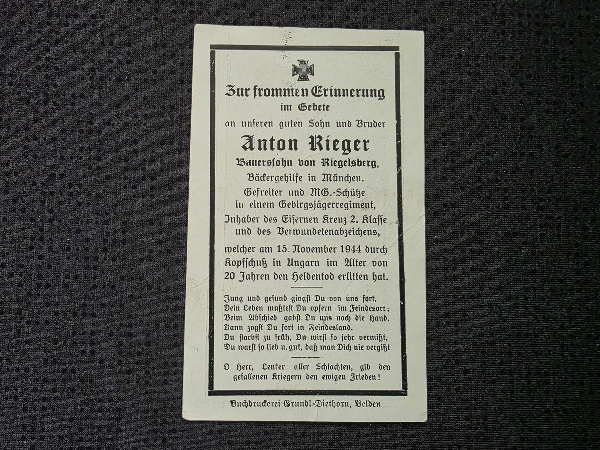 Sterbebild Gefreiter Riegelsberg Gebirgsjäger Regt. Tiszalúc Ungarn - www.mmilitaria.com