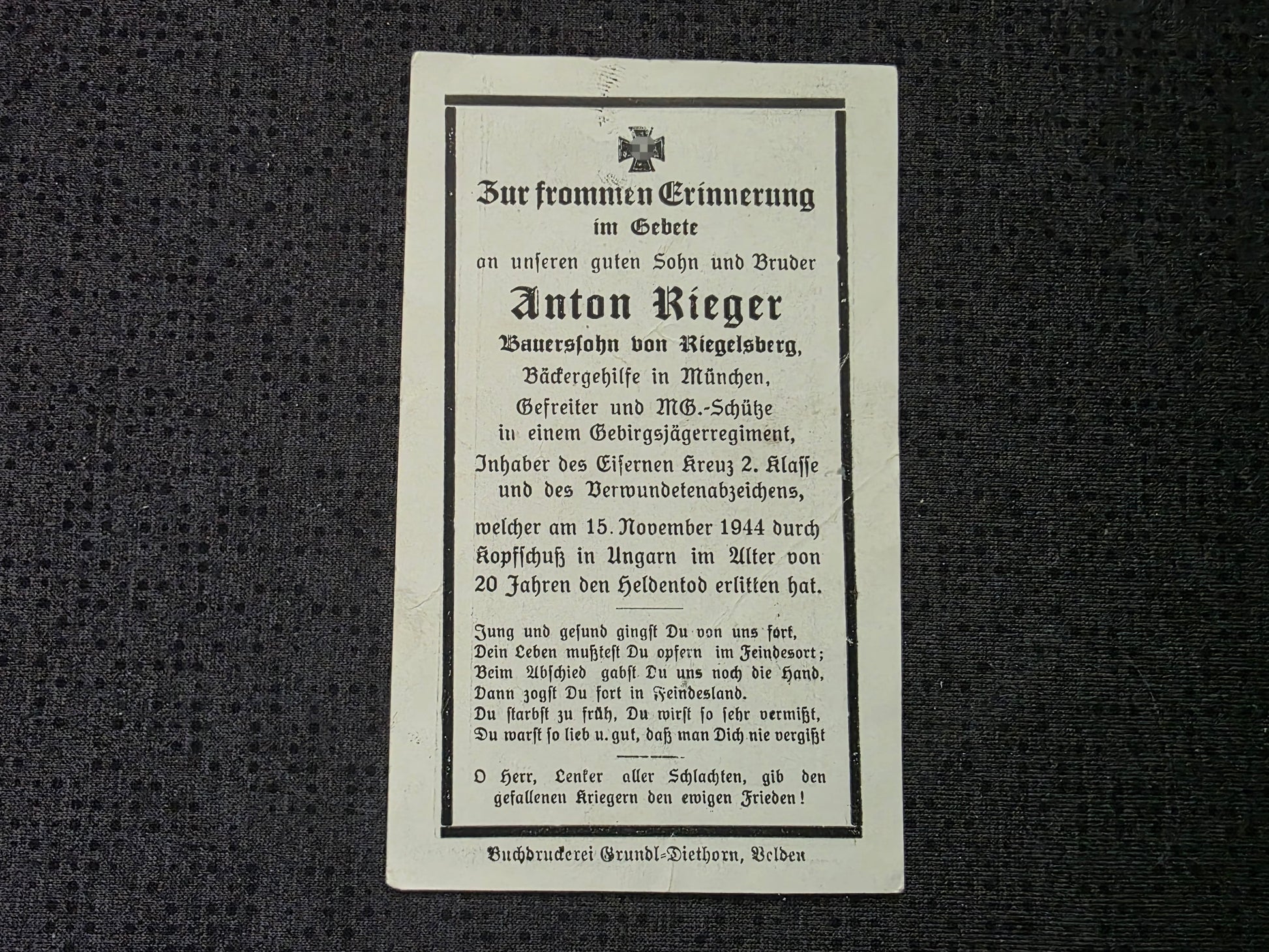 Sterbebild Gefreiter Riegelsberg Gebirgsjäger Regt. Tiszalúc Ungarn - www.mmilitaria.com