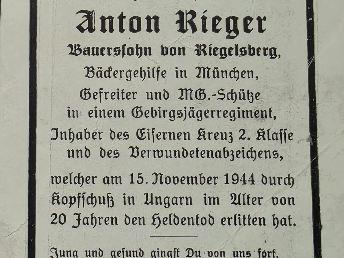 Sterbebild Gefreiter Riegelsberg Gebirgsjäger Regt. Tiszalúc Ungarn - www.mmilitaria.com
