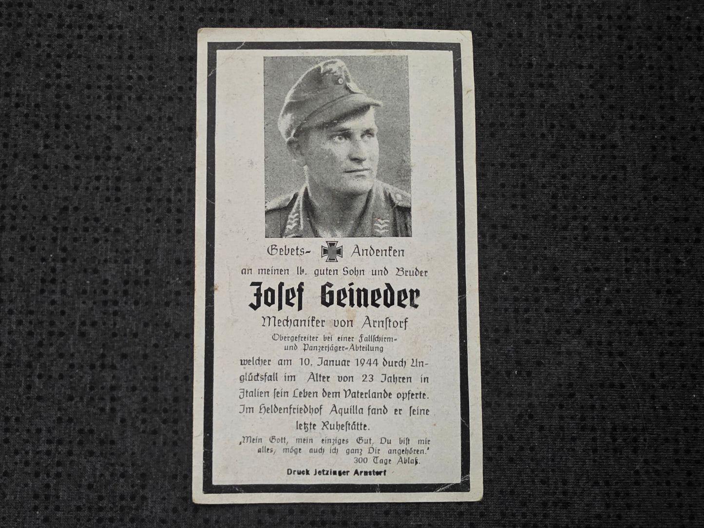 Sterbebild Obergefreiter Aßlkofen 2. Komp. Fallschirm-Panzer-Jäger Abt. 1 San Nicandro Garganico Italien - www.mmilitaria.com