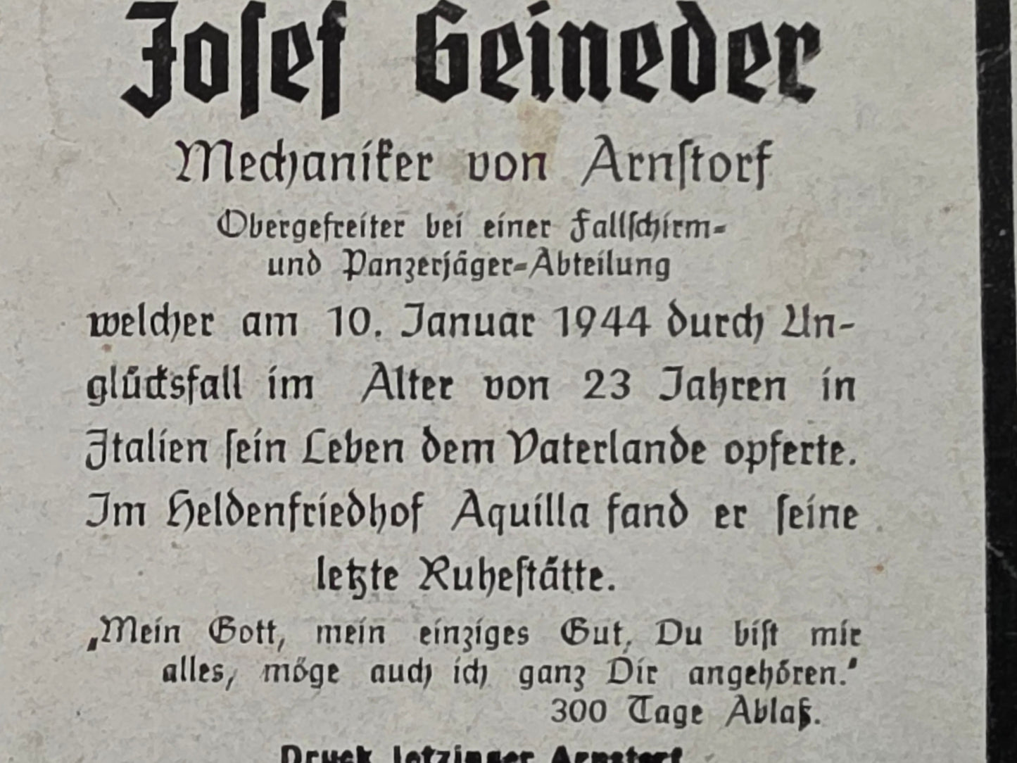 Sterbebild Obergefreiter Aßlkofen 2. Komp. Fallschirm-Panzer-Jäger Abt. 1 San Nicandro Garganico Italien - www.mmilitaria.com