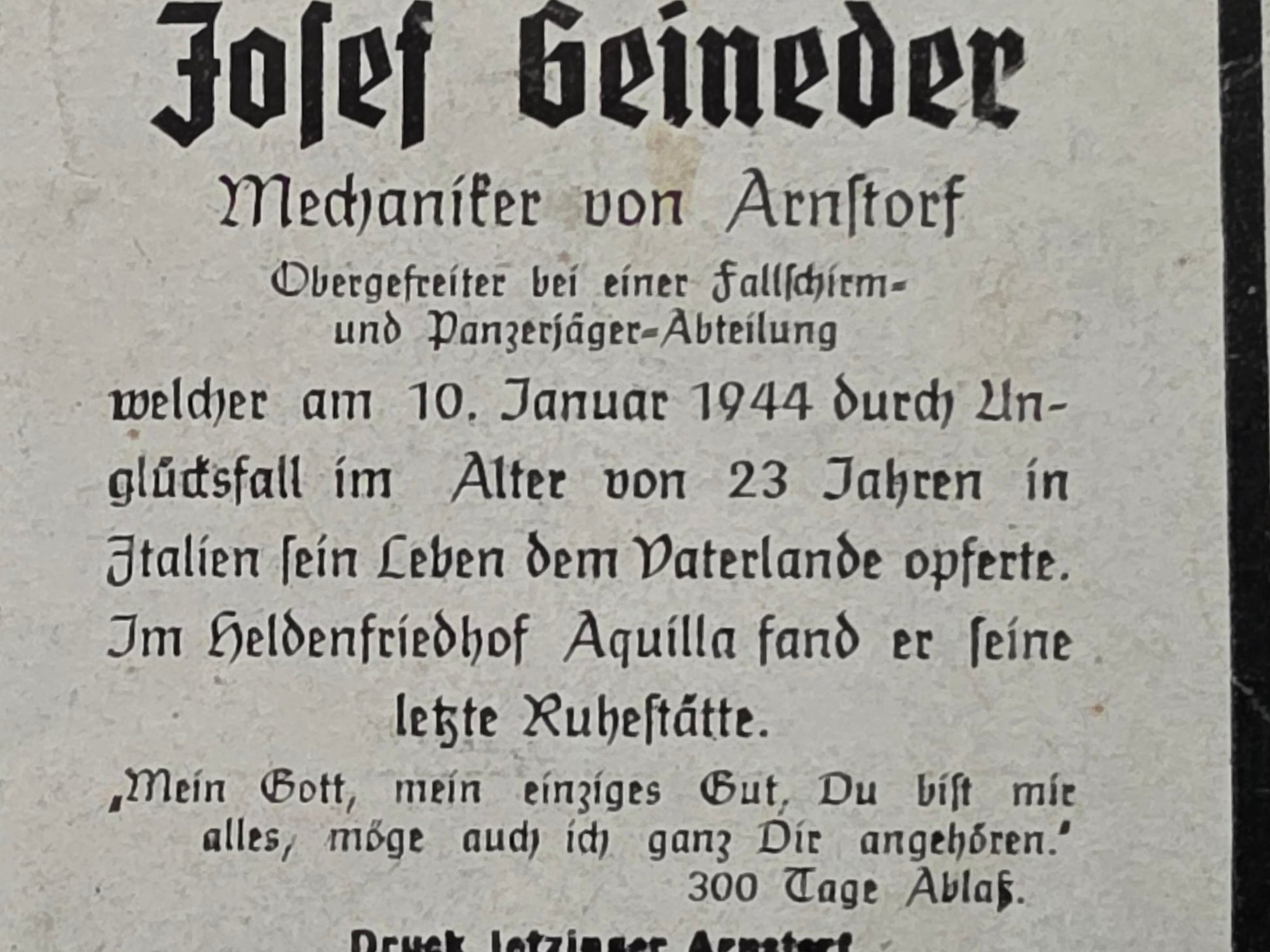 Sterbebild Obergefreiter Aßlkofen 2. Komp. Fallschirm-Panzer-Jäger Abt. 1 San Nicandro Garganico Italien - www.mmilitaria.com