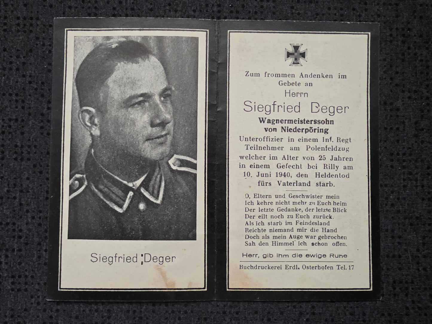 Sterbebild Unteroffizier Niederpöring 5. Inf. Regt. 85 Rilly St. Lambert Frankreich