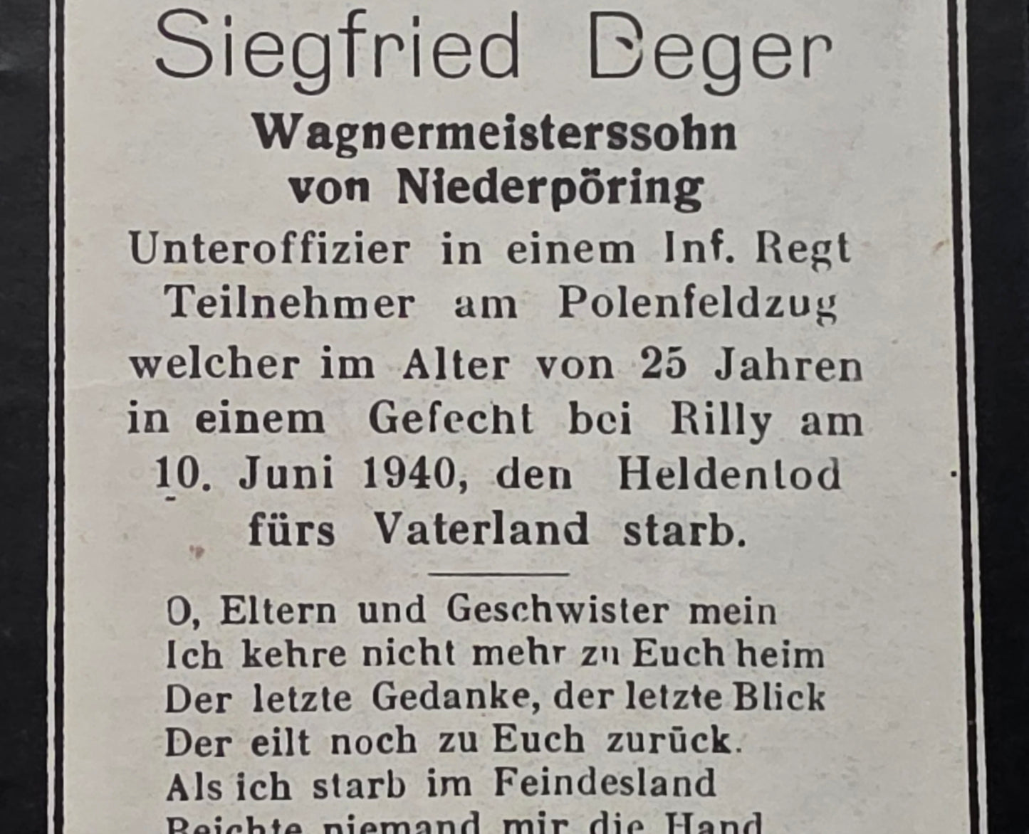 Sterbebild Unteroffizier Niederpöring 5. Inf. Regt. 85 Rilly St. Lambert Frankreich