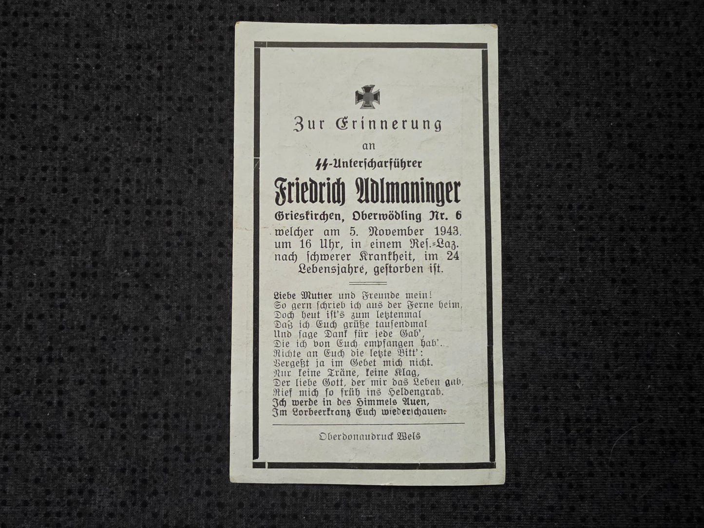 Sterbebild SS-Unterscharführer Grieskirchen SS-Totenkopfstandarte 20 Lazaretttod - www.mmilitaria.com
