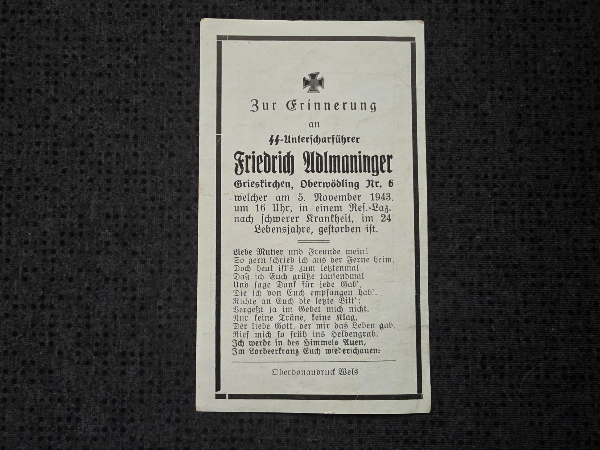 Sterbebild SS-Unterscharführer Grieskirchen SS-Totenkopfstandarte 20 Lazaretttod - www.mmilitaria.com