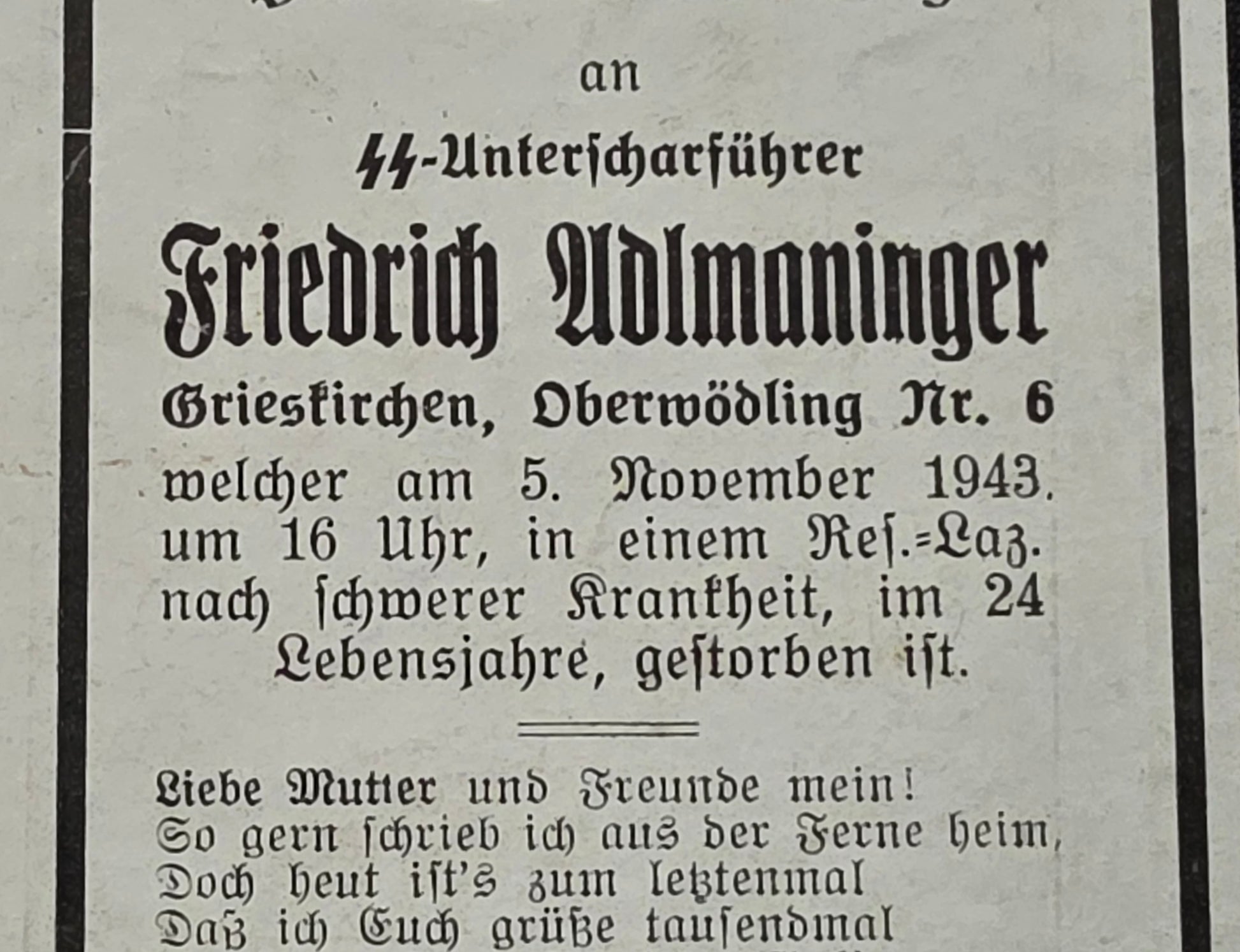 Sterbebild SS-Unterscharführer Grieskirchen SS-Totenkopfstandarte 20 Lazaretttod - www.mmilitaria.com
