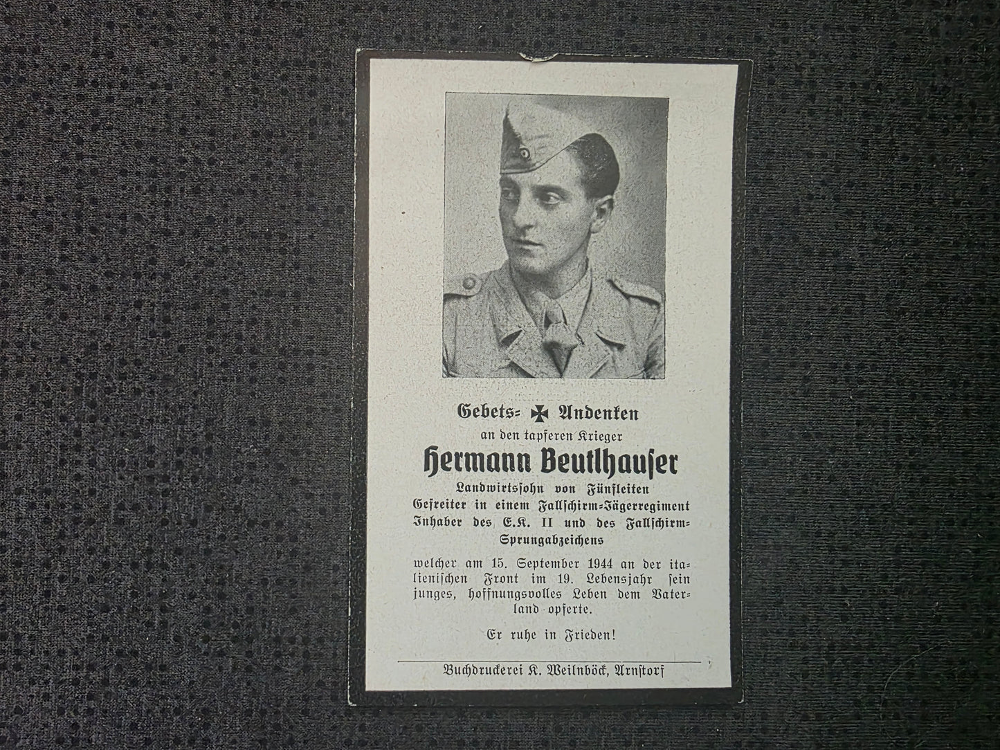 Sterbebild Gefreiter Fünfleiten 4. Fallschirm-Panzer-Jäger Abt. 1 Rimini Adria Italien - www.mmilitaria.com