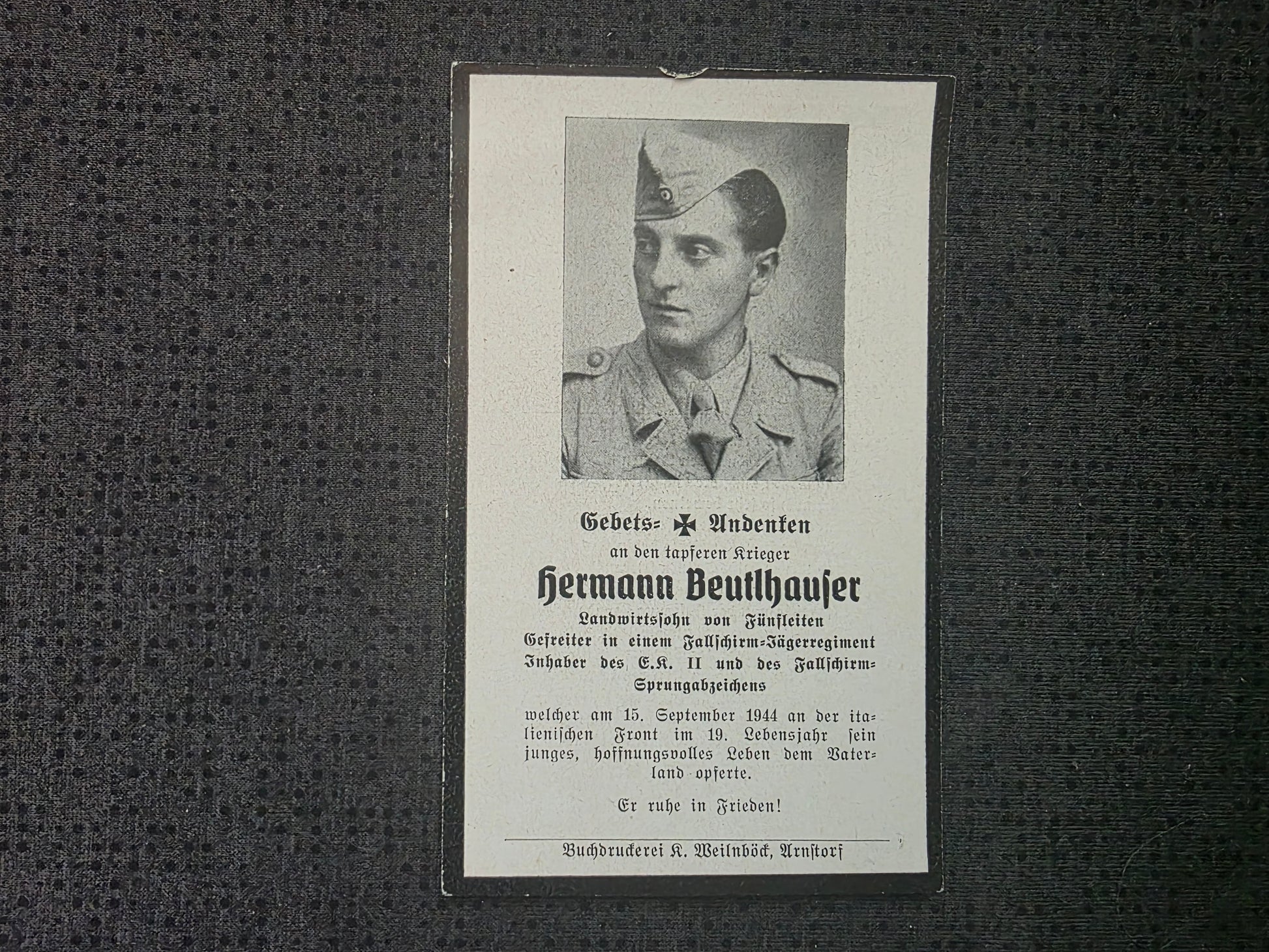 Sterbebild Gefreiter Fünfleiten 4. Fallschirm-Panzer-Jäger Abt. 1 Rimini Adria Italien - www.mmilitaria.com