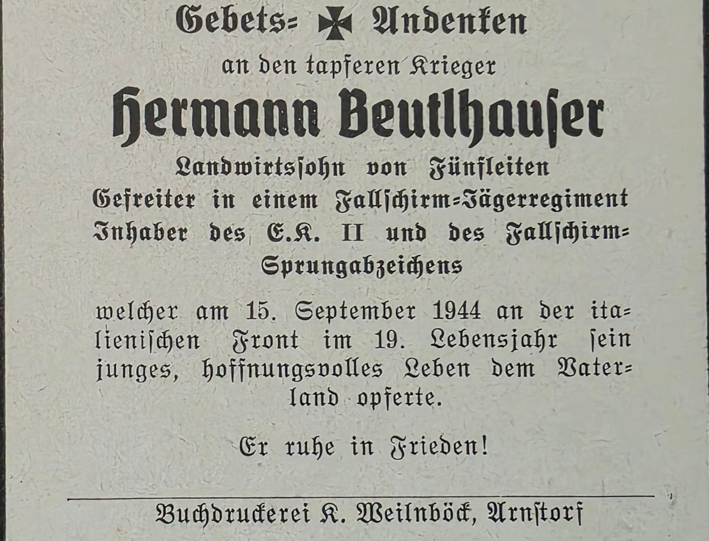 Sterbebild Gefreiter Fünfleiten 4. Fallschirm-Panzer-Jäger Abt. 1 Rimini Adria Italien - www.mmilitaria.com