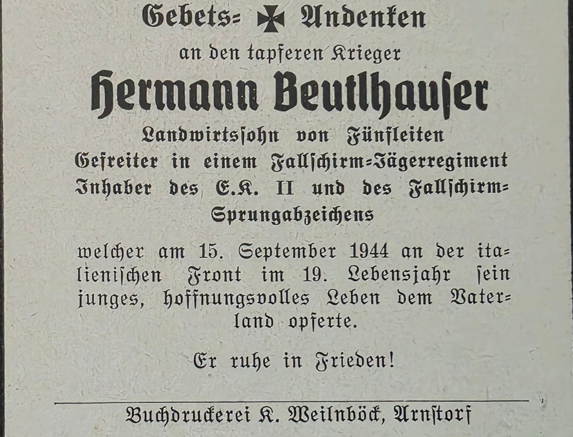 Sterbebild Gefreiter Fünfleiten 4. Fallschirm-Panzer-Jäger Abt. 1 Rimini Adria Italien - www.mmilitaria.com