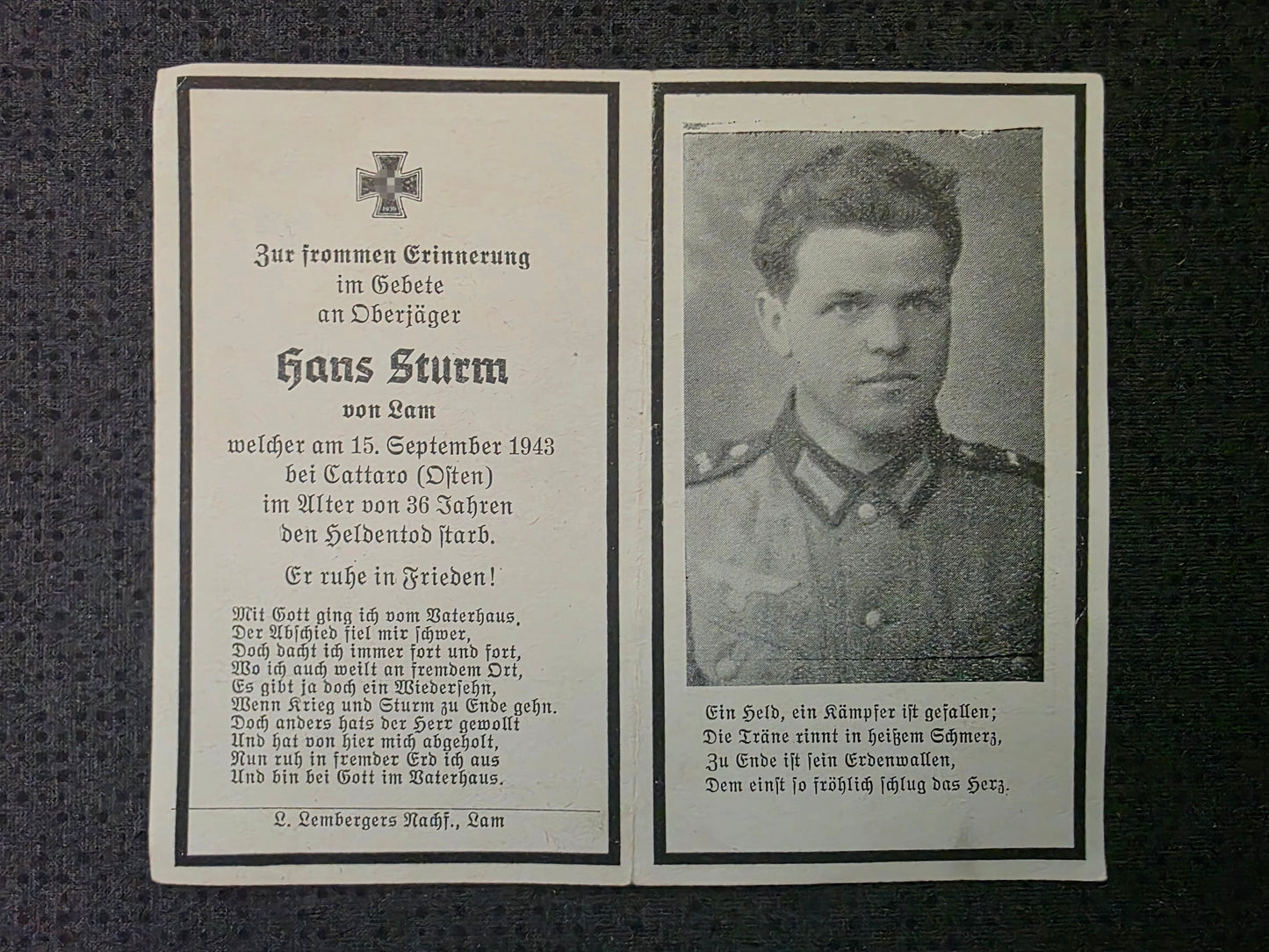Sterbebild Oberjäger Lam 13. Komp. Jäger-Regt. 750 Kotor Cattaro Montenegro