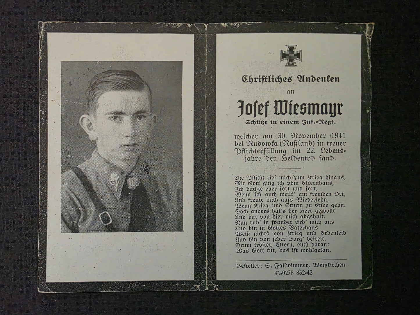 Sterbebild Schütze Eggendorf 9. Komp. Inf. Regt. 133 Edelweiss Kragenspiegel Korowka Russland