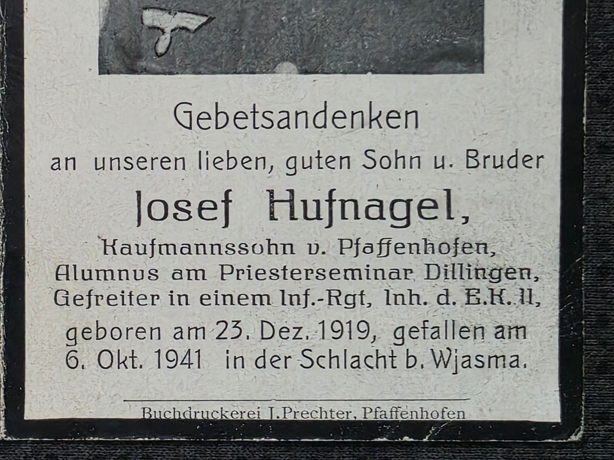 Sterbebild Gefreiter Priester Pfaffenhofen 4. Komp. Inf. Regt. 488 Wjasma Russland