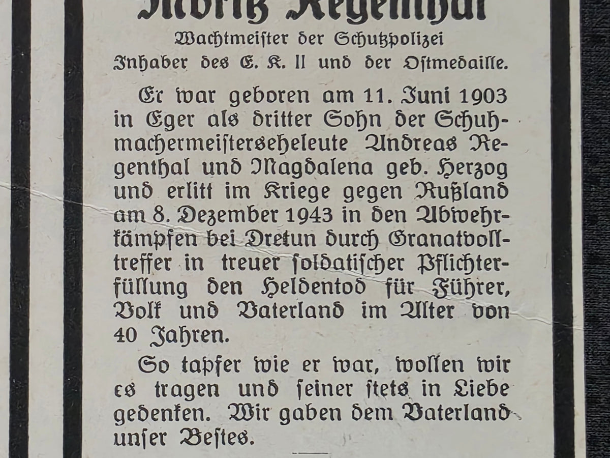 Sterbebild Wachtmeister Eger 1. SS-Polizei Regt. 2 Putschesch Russland