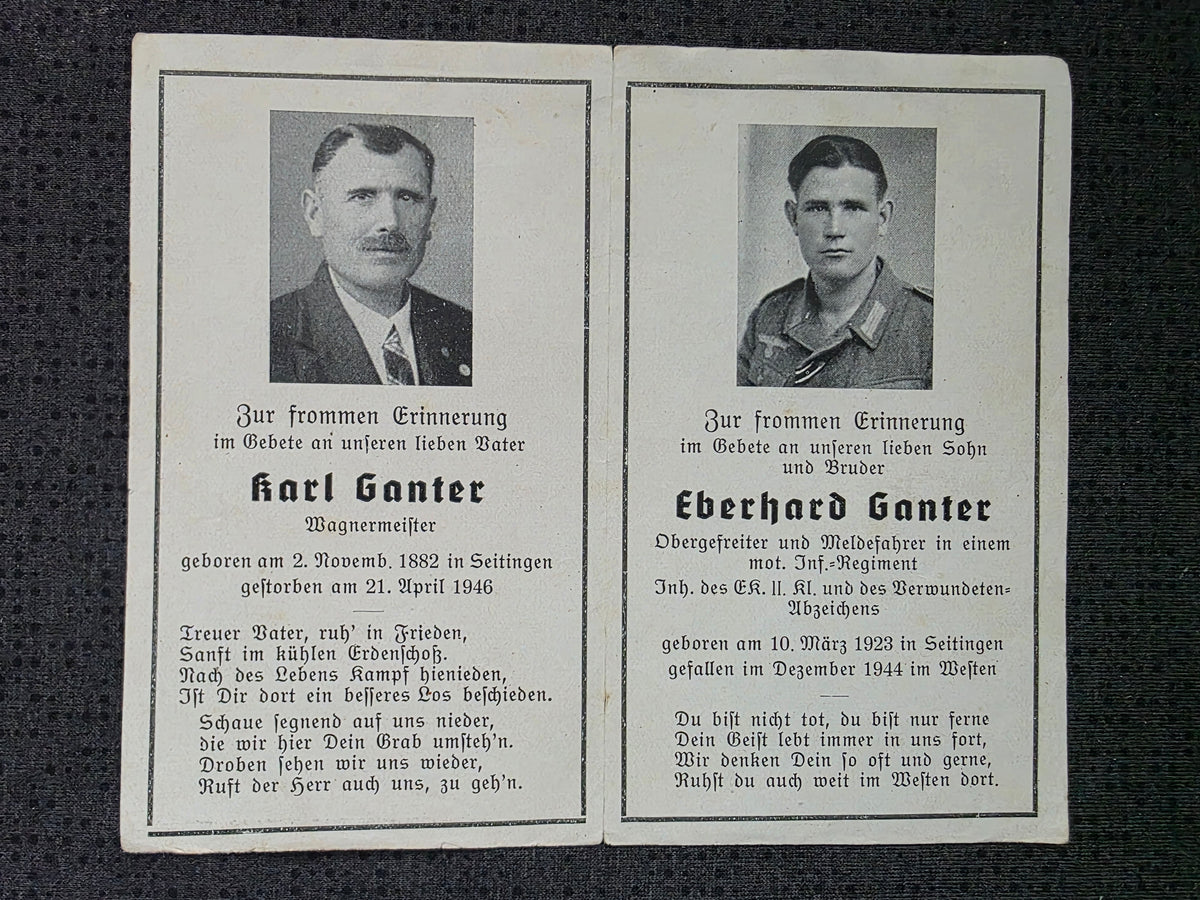 Sterbebild Vater + Obergefreiter Seitingen Meldefahrer Inf. Regt. Westen Belgien Frankreich