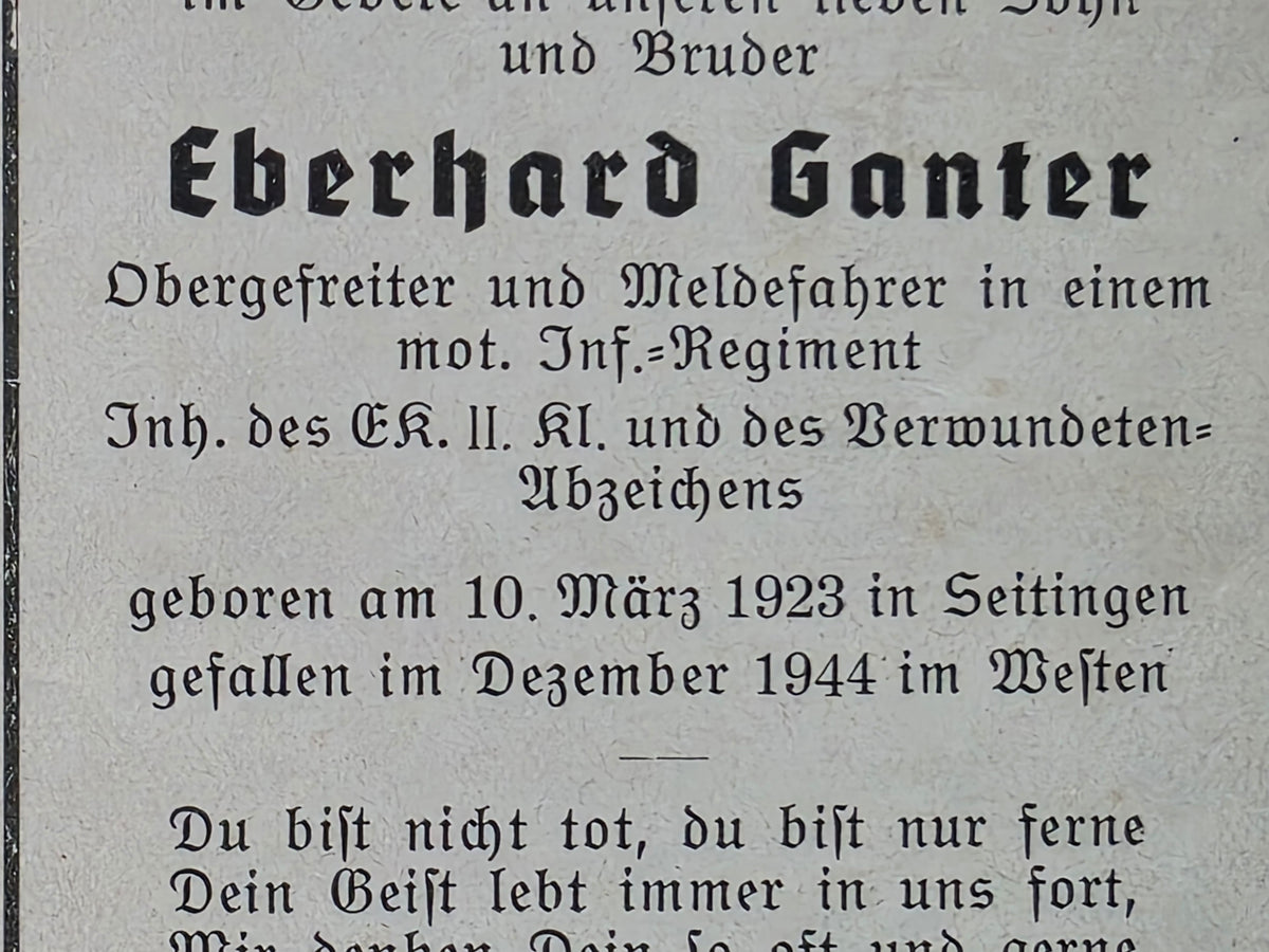 Sterbebild Vater + Obergefreiter Seitingen Meldefahrer Inf. Regt. Westen Belgien Frankreich