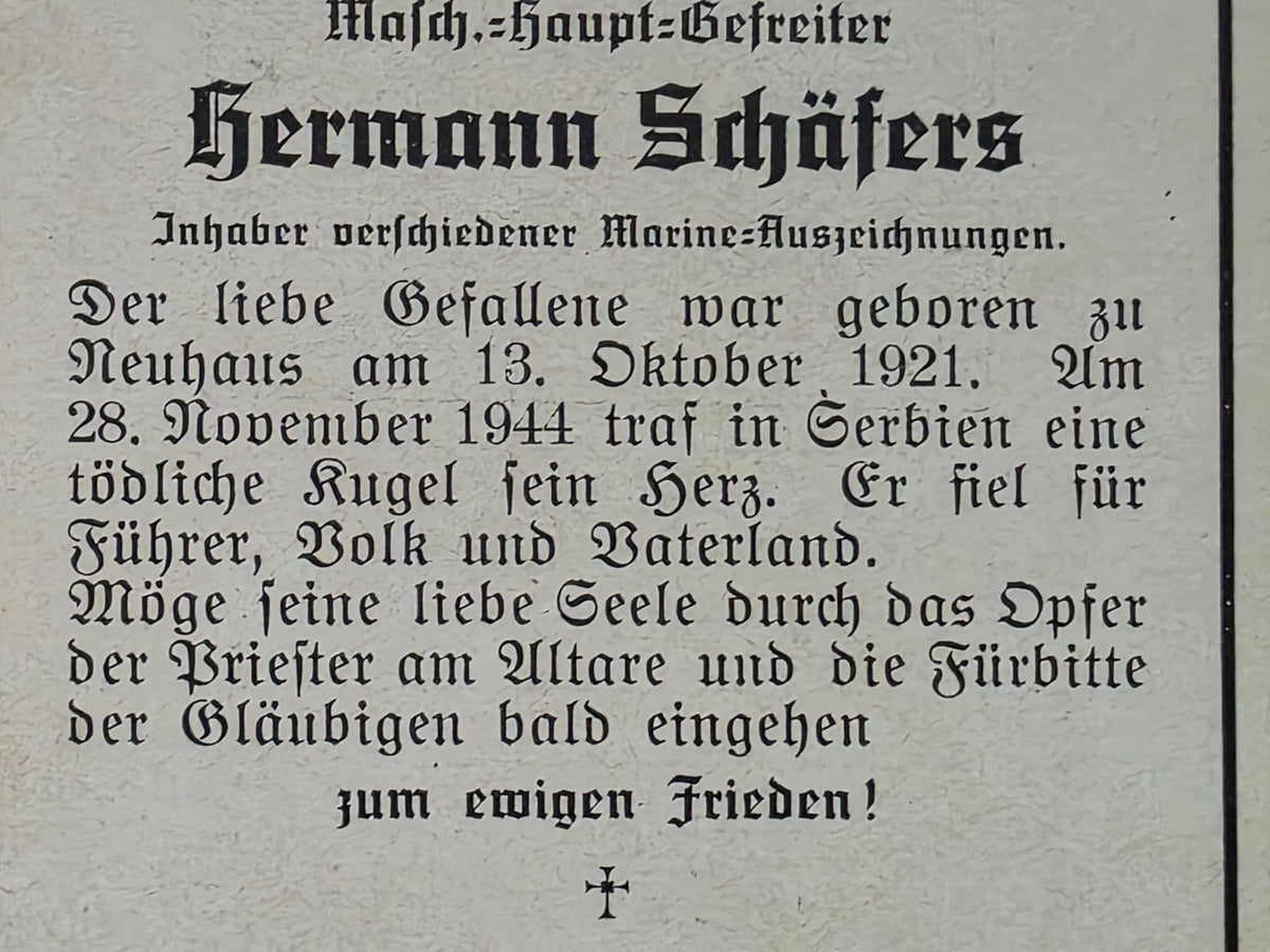 Sterbebild Hauptgefreiter Neuhaus Marine Auszeichnungen Prijepolje Höhe 1194 Serbien