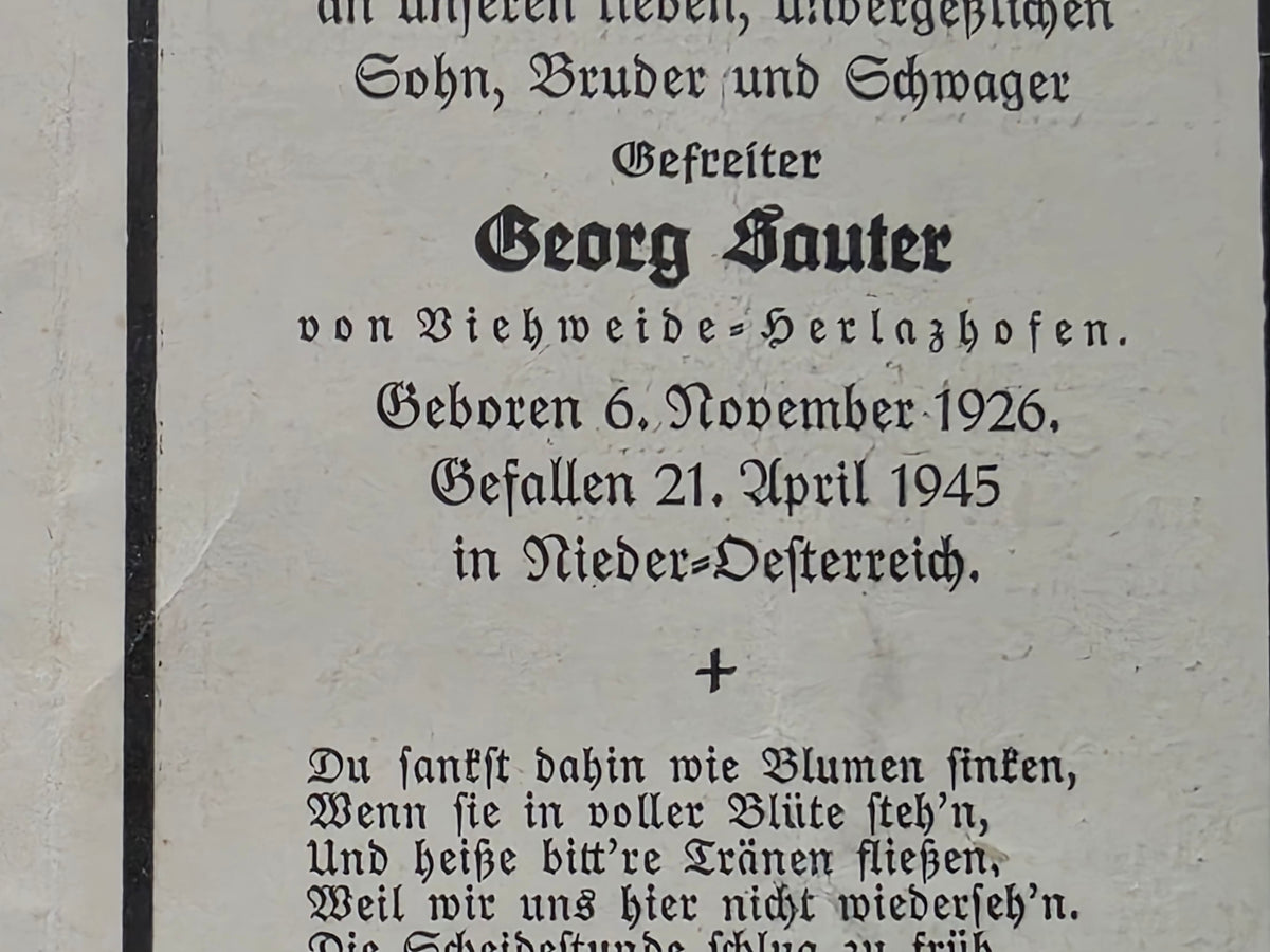 Sterbebild Gefreiter Herlazhofen Endkampf Hainfeld Nieder-Österreich