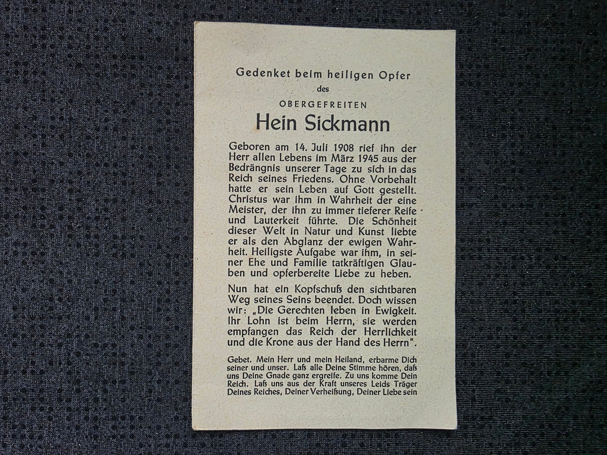 Sterbebild Obergefreiter Endkampf 1945