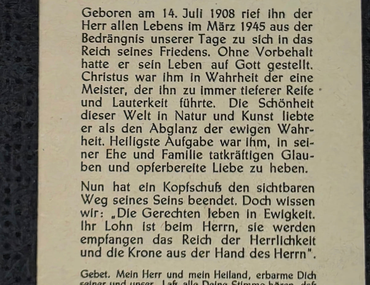 Sterbebild Obergefreiter Endkampf 1945