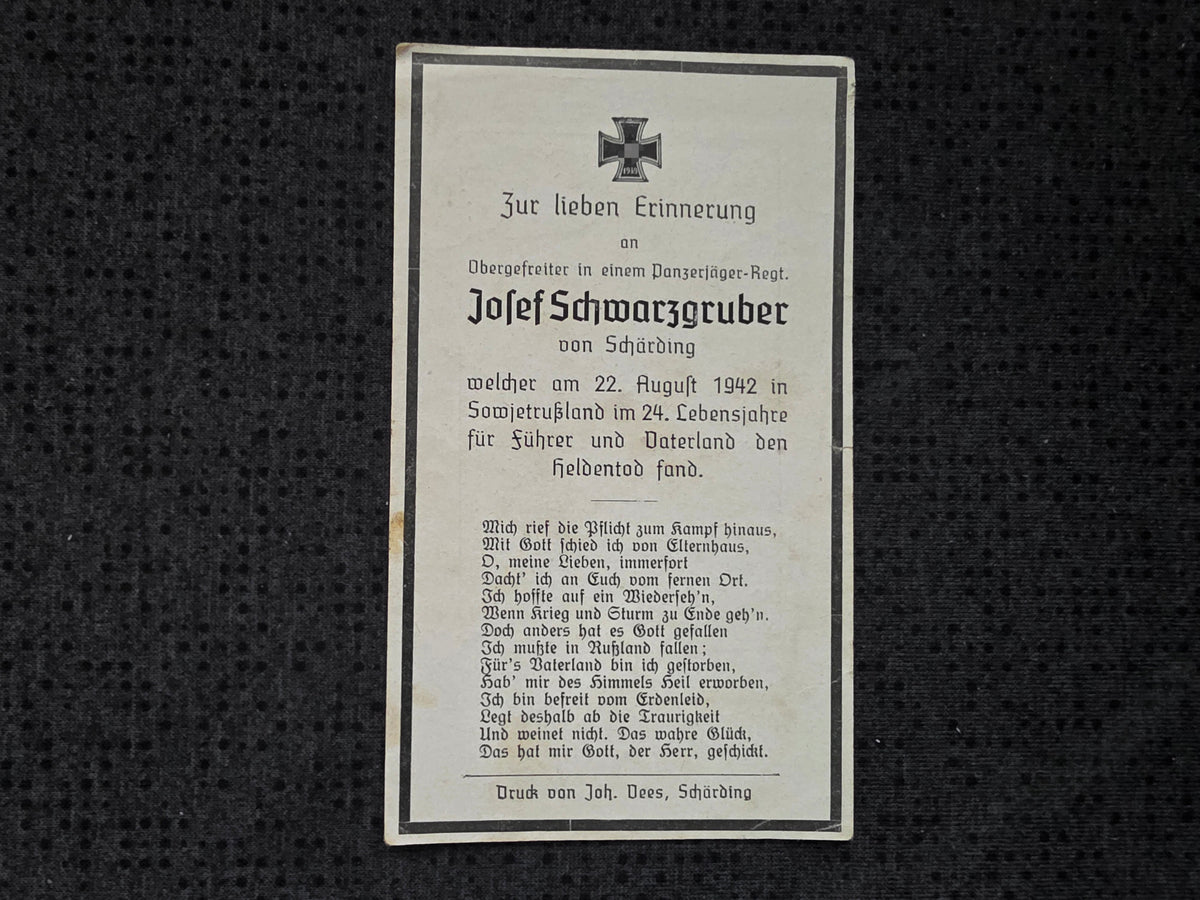 Sterbebild Obergefreiter Schärding 8. Komp. Panzer-Regt. 24 Morosoff Russland